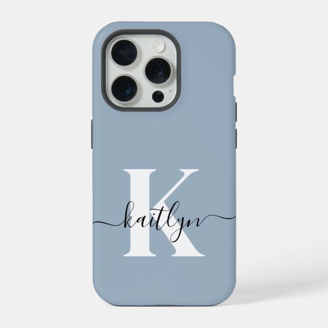 Elegant Dusty Blue Script Monogram iPhone Case (Back)