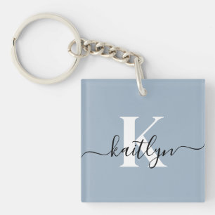 Elegant Dusty Blue Script Monogram Key Ring