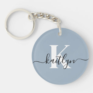 Elegant Dusty Blue Script Monogram Key Ring