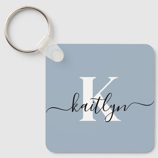 Elegant Dusty Blue Script Monogram Key Ring (Front)