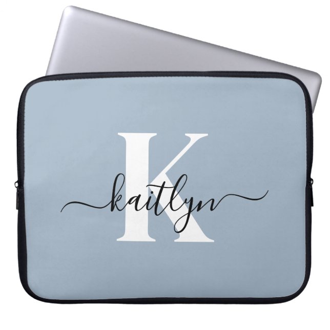 Elegant Dusty Blue Script Monogram Laptop Sleeve (Front)