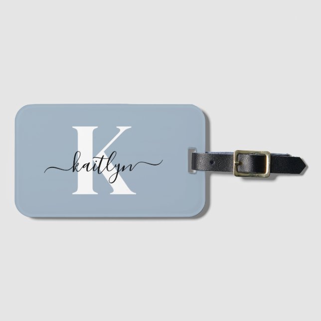 Elegant Dusty Blue Script Monogram Luggage Tag (Front Horizontal)
