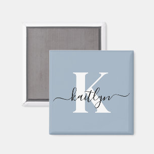 Elegant Dusty Blue Script Monogram Magnet