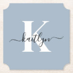 Elegant Dusty Blue Script Monogram Paper Coaster<br><div class="desc">These simple, elegant dusty blue ticket shaped paper coasters with your first name in a trendy script font in black and your first initial in a modern cap font in white are perfect for keeping your tables and counters free from water rings. They absorb droplets so you don't have to...</div>