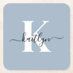 Elegant Dusty Blue Script Monogram Square Paper Coaster<br><div class="desc">These simple, elegant dusty blue square paper coasters with your first name in a trendy script font in black and your first initial in a modern cap font in white are perfect for keeping your tables and counters free from water rings. They absorb droplets so you don't have to worry...</div>