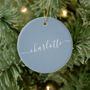 Elegant Dusty Blue Script Name Personalised    Ceramic Tree Decoration