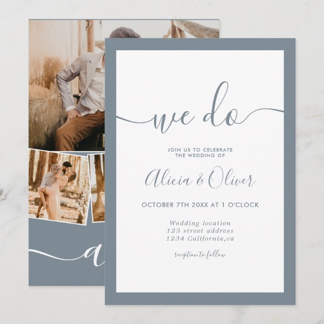 Elegant dusty blue script photo initials wedding invitation (Front/Back)
