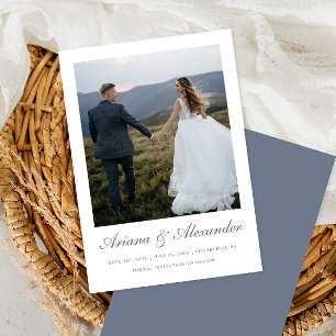 Elegant Dusty Blue Script Photo Wedding Save The Date