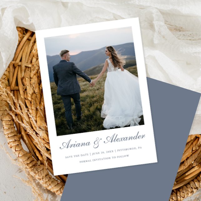 Elegant Dusty Blue Script Photo Wedding Save The Date (Creator Uploaded)