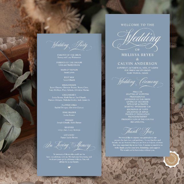 Elegant Dusty Blue Script Wedding Ceremony Programme (Elegant Classic Dusty Blue Script Wedding Ceremony Program Card)