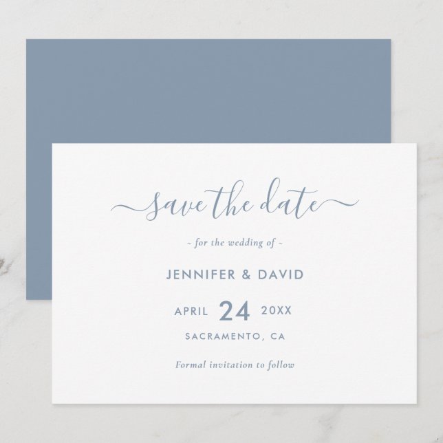 Elegant Dusty Blue Script Wedding Save The Date (Front/Back)