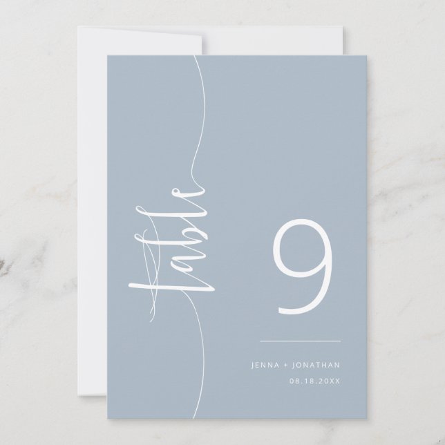 Elegant Dusty Blue Script Wedding Table Number (Front)