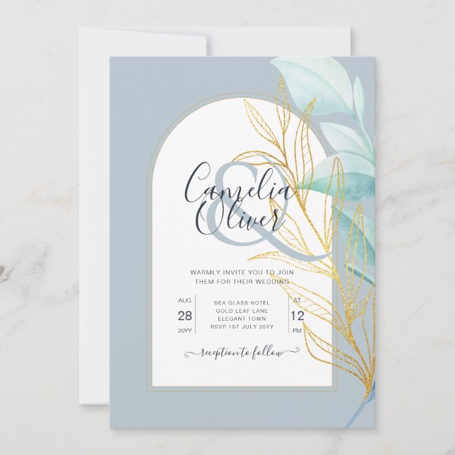 Elegant Dusty Blue SeaGlass Gold Leaf Arch Wedding Invitation (Front)