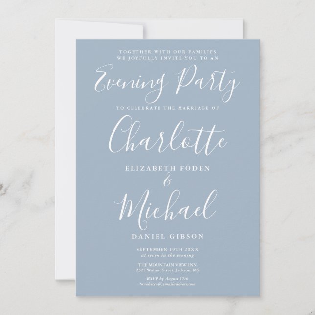 Elegant Dusty Blue Signature Wedding Evening Party Invitation (Front)