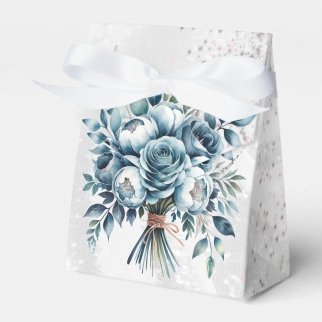 Elegant Dusty Blue Silver Bouquet Wedding Favour Box (Front Side)