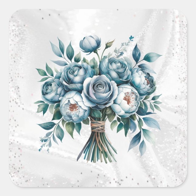 Elegant Dusty Blue Silver Bouquet Wedding Square Sticker (Front)