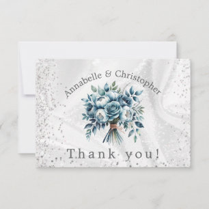 Elegant Dusty Blue Silver Bouquet Wedding Thank You Card