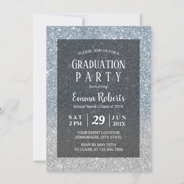 Elegant Dusty Blue & Silver Glitter Graduation Invitation (Front)