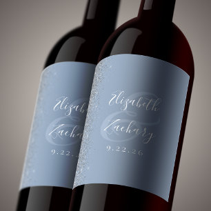 Elegant Dusty Blue Silver Glitter Wedding Wine Label