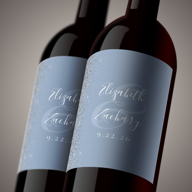 Elegant Dusty Blue Silver Glitter Wedding Wine Label (Creator Uploaded)