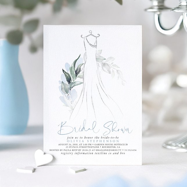 Elegant Dusty Blue Silver Greenery Bridal Shower Invitation (Dusty Blue Greenery and Silver Dress Bridal Shower Invitation)