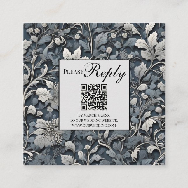 Elegant dusty blue silver  grey floral QR code Enclosure Card (Front)