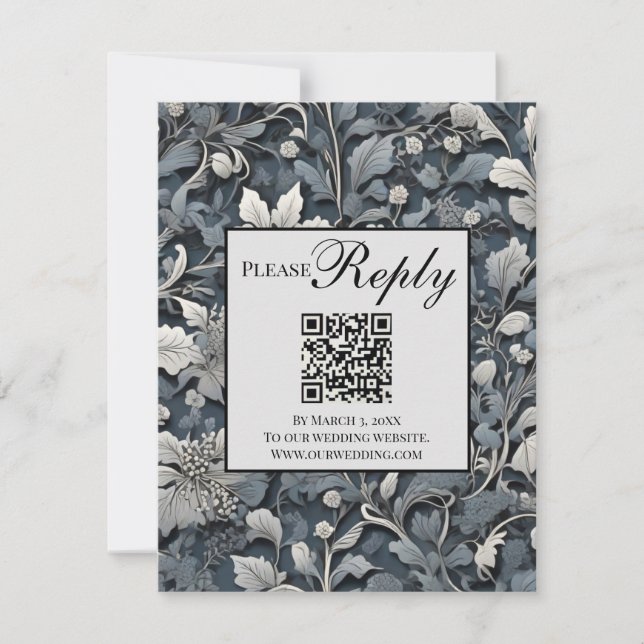 Elegant dusty blue silver  grey floral QR code RSVP Card (Front)