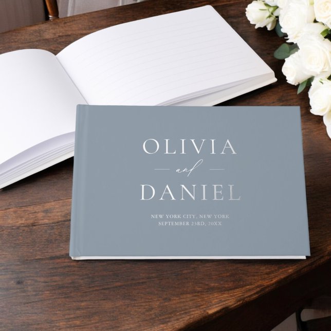 Elegant Dusty Blue Silver Modern Minimalist Guest Book (Creator Uploaded)