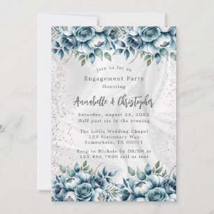 Elegant Dusty Blue Silver Rose Engagement Party Invitation