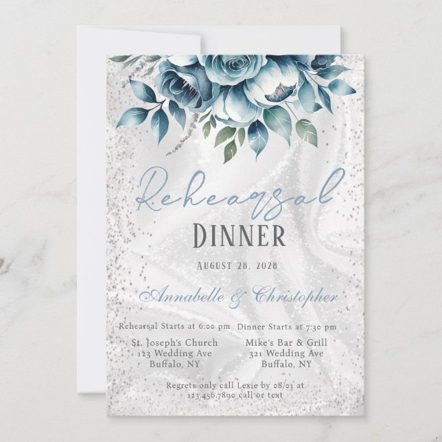 Elegant Dusty Blue Silver Rose Rehearsal Dinner Invitation (Front)