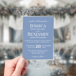 Elegant Dusty Blue & Silver Stylish Text Wedding Acrylic Invitations