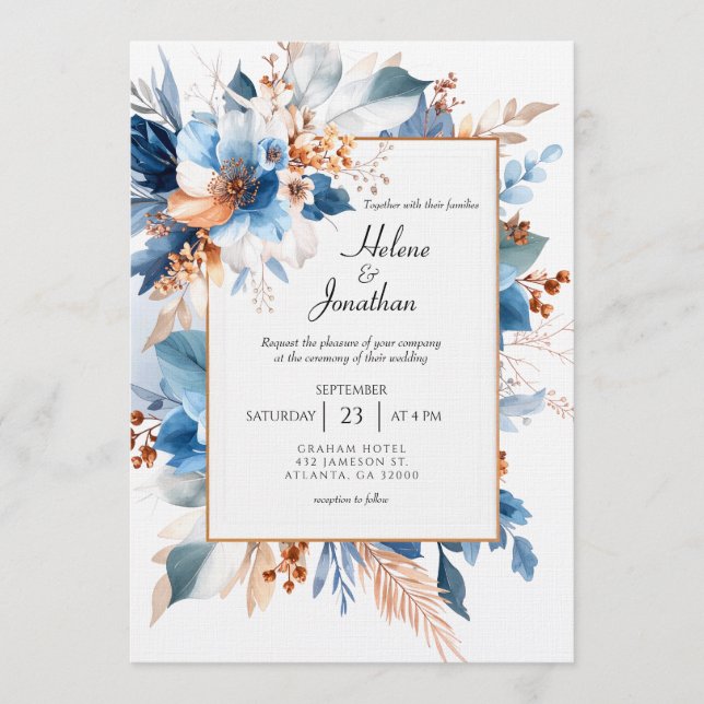 Elegant Dusty Blue Silver Terracotta Boho Wedding Invitation (Front)