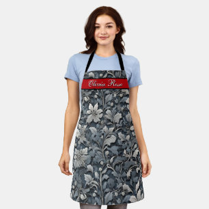 Elegant dusty blue silver white gray floral apron