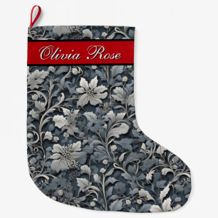 Elegant dusty blue silver white gray floral large christmas stocking