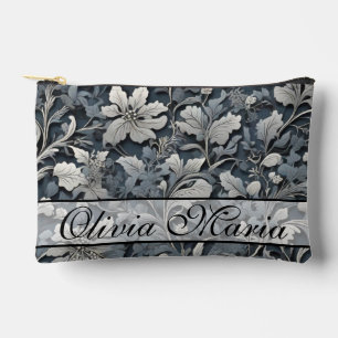 Elegant dusty blue silver white grey floral accessory pouch