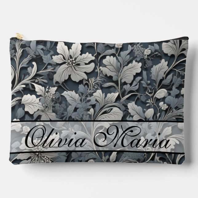 Elegant dusty blue silver white grey floral accessory pouch (Front)