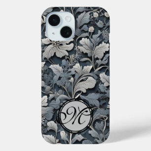 Elegant dusty blue silver white grey floral iPhone 15 case