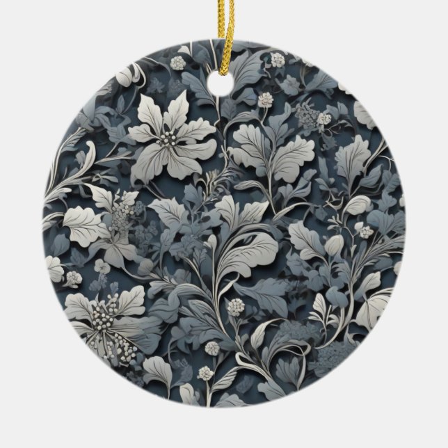 Elegant dusty blue silver white grey floral ceramic tree decoration (Front)
