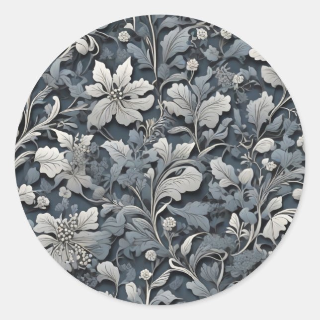 Elegant dusty blue silver white grey floral classic round sticker (Front)