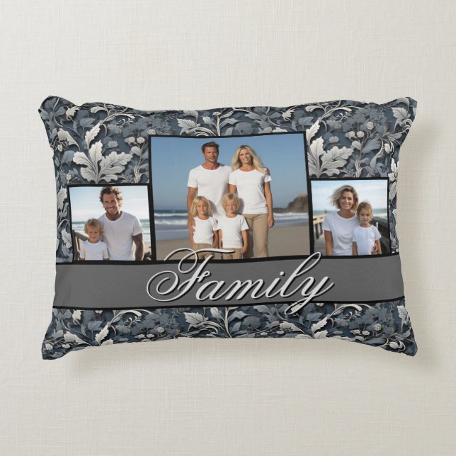 Elegant dusty blue silver white grey floral decorative cushion (Front)