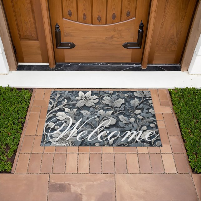 Elegant dusty blue silver white grey floral doormat (Outdoor)