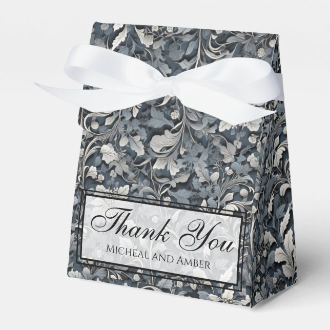 Elegant dusty blue silver white grey floral favour box (Front Side)