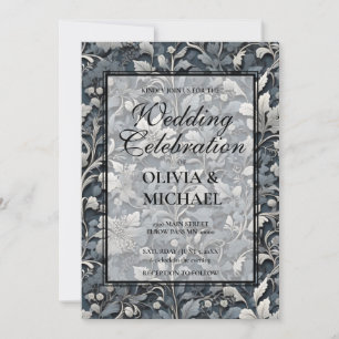 Elegant dusty blue silver white grey floral invitation