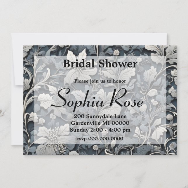 Elegant dusty blue silver white grey floral invitation (Front)