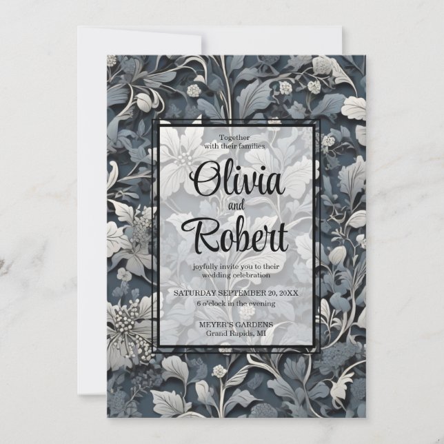 Elegant dusty blue silver white grey floral invitation (Front)