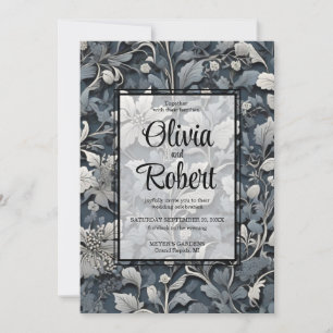 Elegant dusty blue silver white grey floral invitation