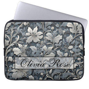 Elegant dusty blue silver white grey floral laptop sleeve