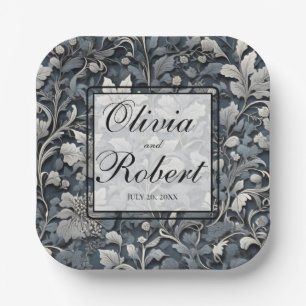 Elegant dusty blue silver white grey floral paper plate