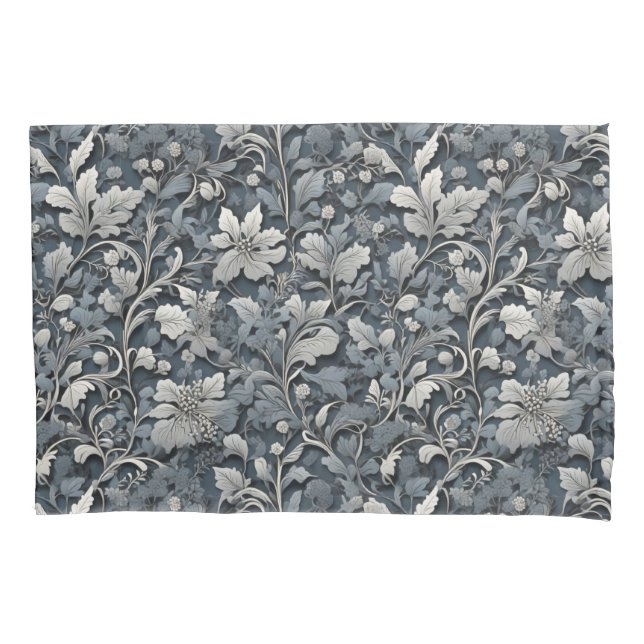 Elegant dusty blue silver white grey floral pillowcase (Front-Left)