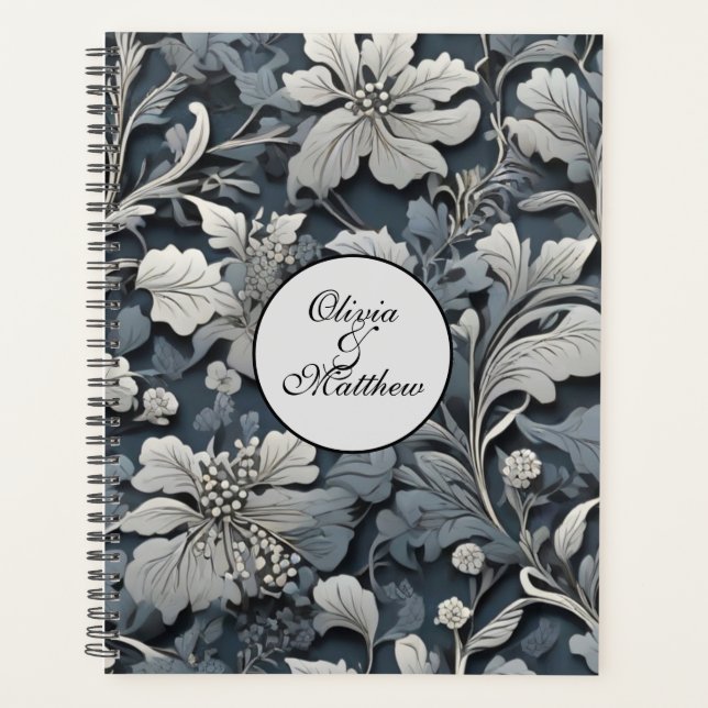 Elegant dusty blue silver white grey floral planner (Front)